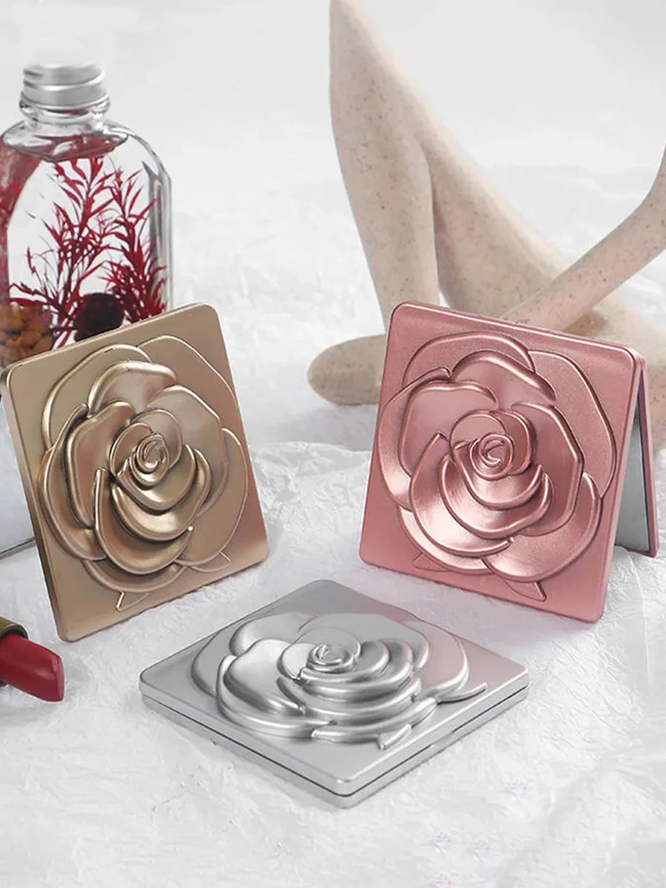 Portable Make-up Mirror Nordic Style Double-Sided Folding Mirror Plane Mirror Double Mirror 2X Magnification High With Rose