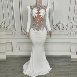 Sparkly Rhinestones Pearls Floor Length Dress Women Sexy Stage Mesh Evening CLub Prom Wedding Celebrate Birthday Photoshoot Wear