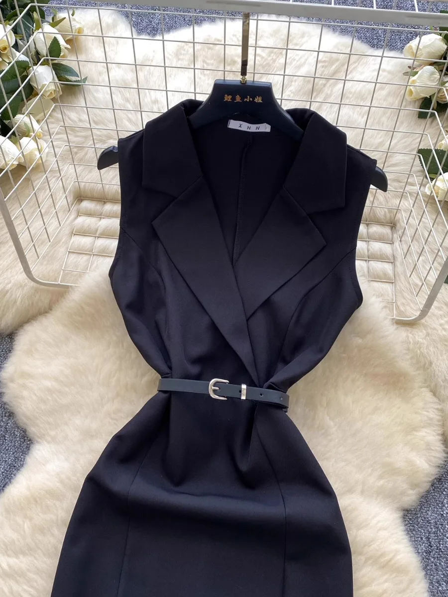 Foamlina-vestido de lujo de estilo británico sin mangas para mujer, vestido de Color liso con abertura de solapa, vestido elegante ajustado Vintage para oficina OL