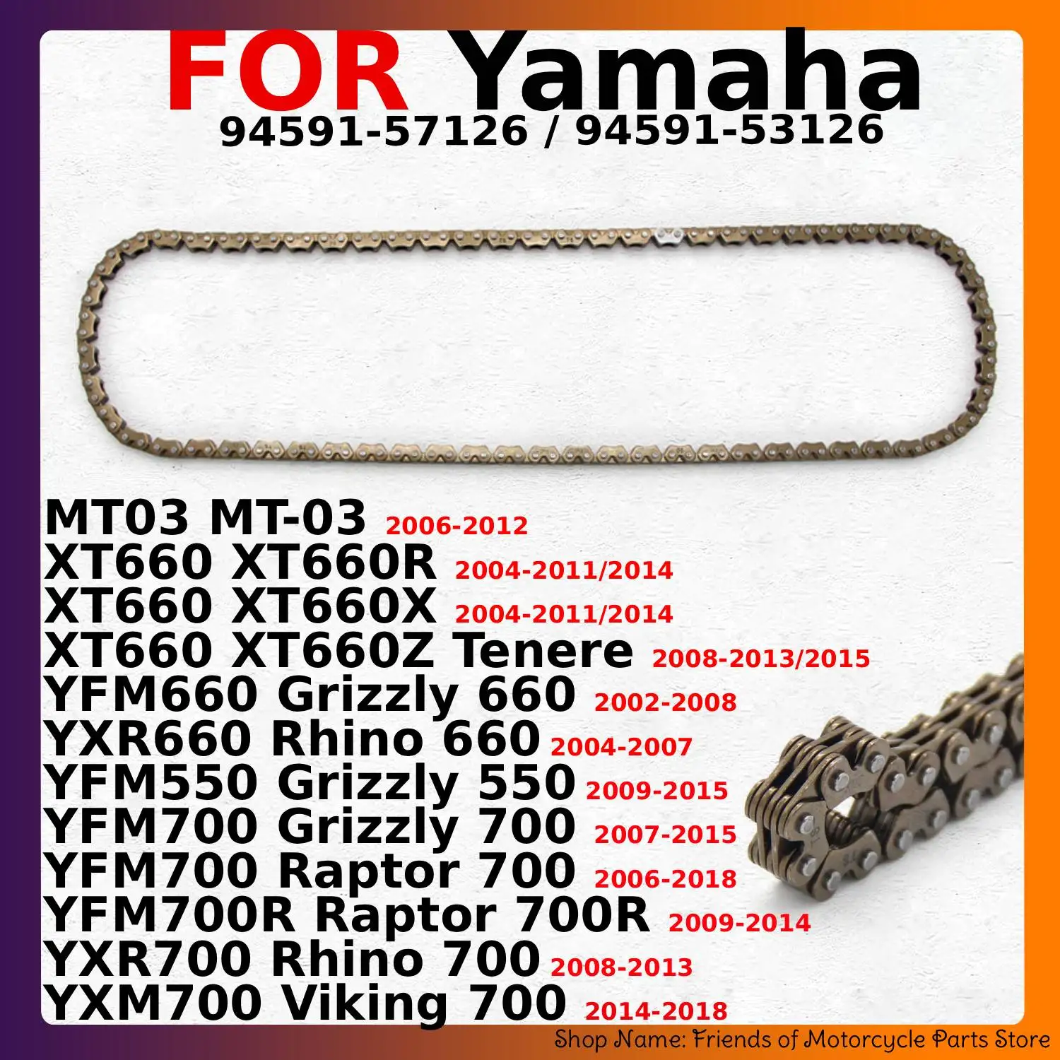 Cadena de leva de sincronización, cadena de rodillo pequeña, cadena de tanque para Yamaha MT03 MT-03 XT660 XT660R XT660 XT660X XT660 XT660Z Tenere 94591-57126