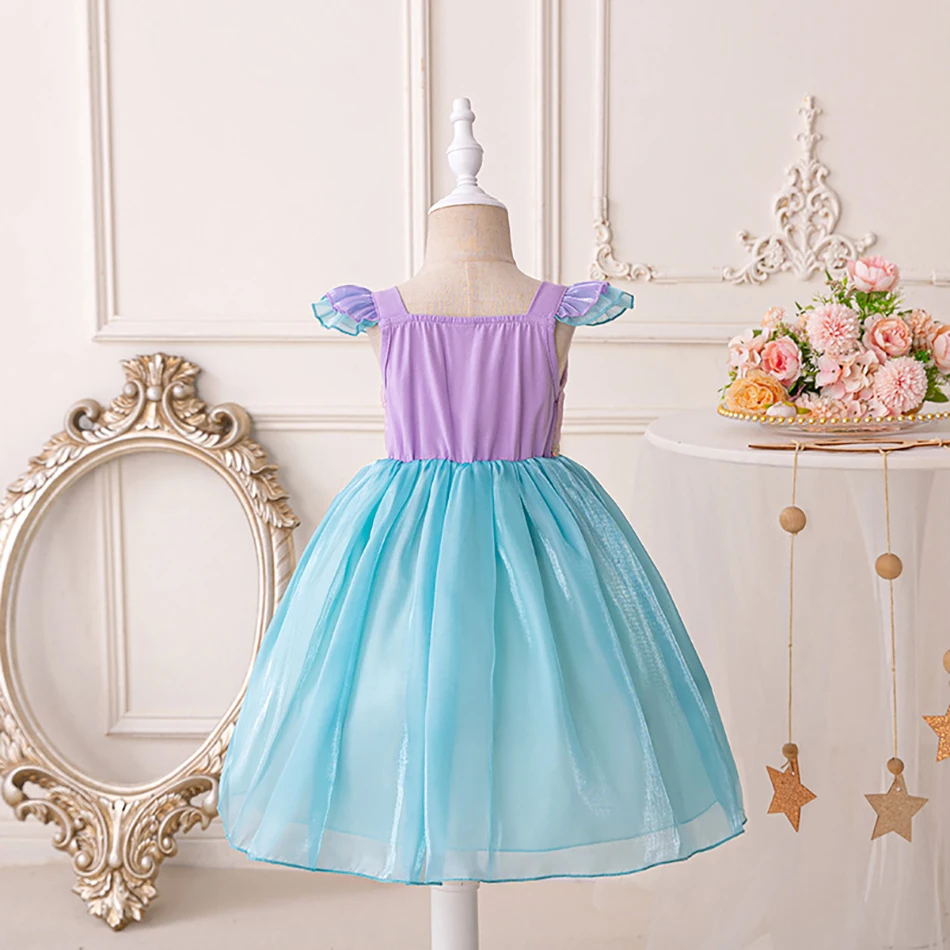 Girls Summer Mermaid Cosplay Dress with Elegant Ruffle Sleeves and Color Blocked Detail Stylish Option for Your Little Princess