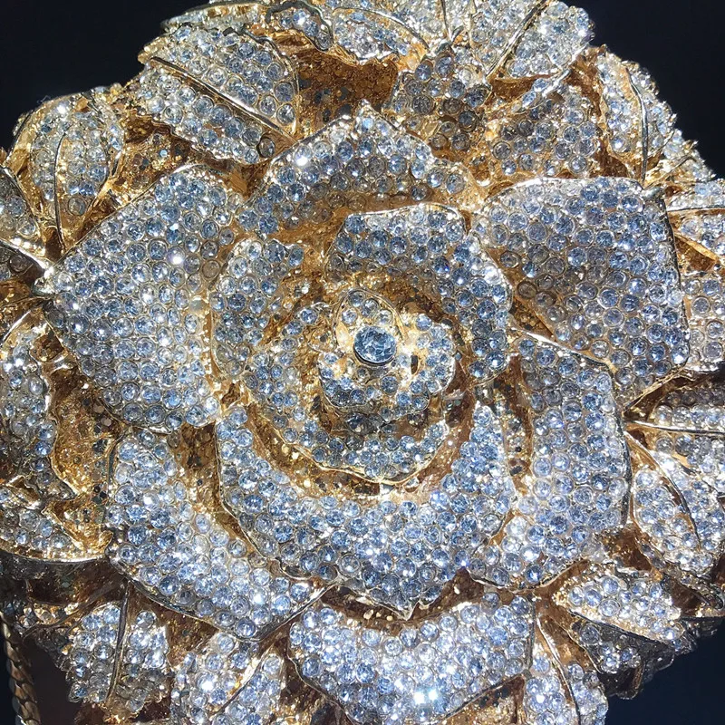 Gold Metal AB Crystal Evening Bag Women Flower Wedding Purse Lady Diamond Bridal Clutches Party Prom Handbags Minaudiere