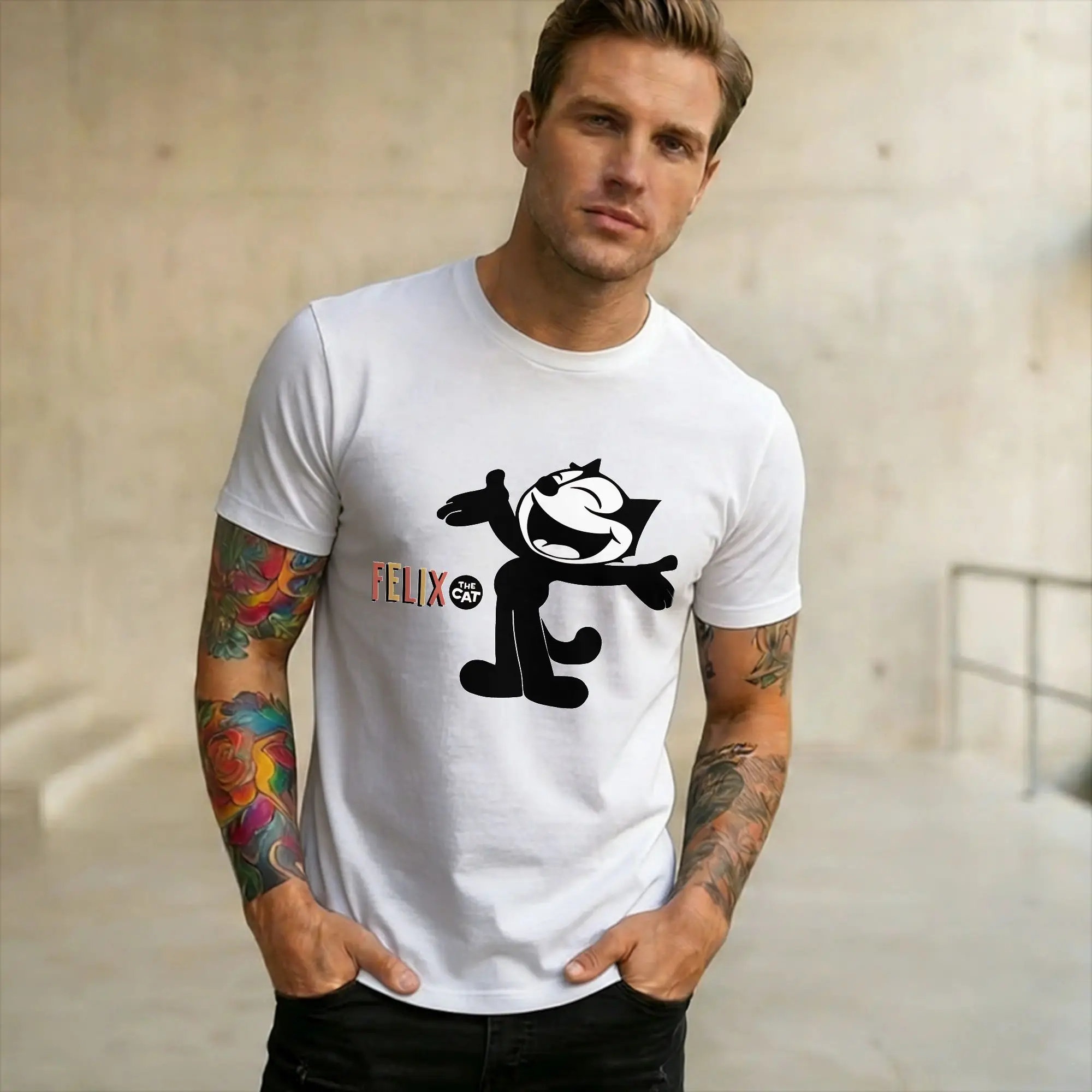 Retro Felixes the Cat Arms Wide Open  T Shirt Men's O-neck Short Sleeve Clothing  Cotton Summer Top Tee