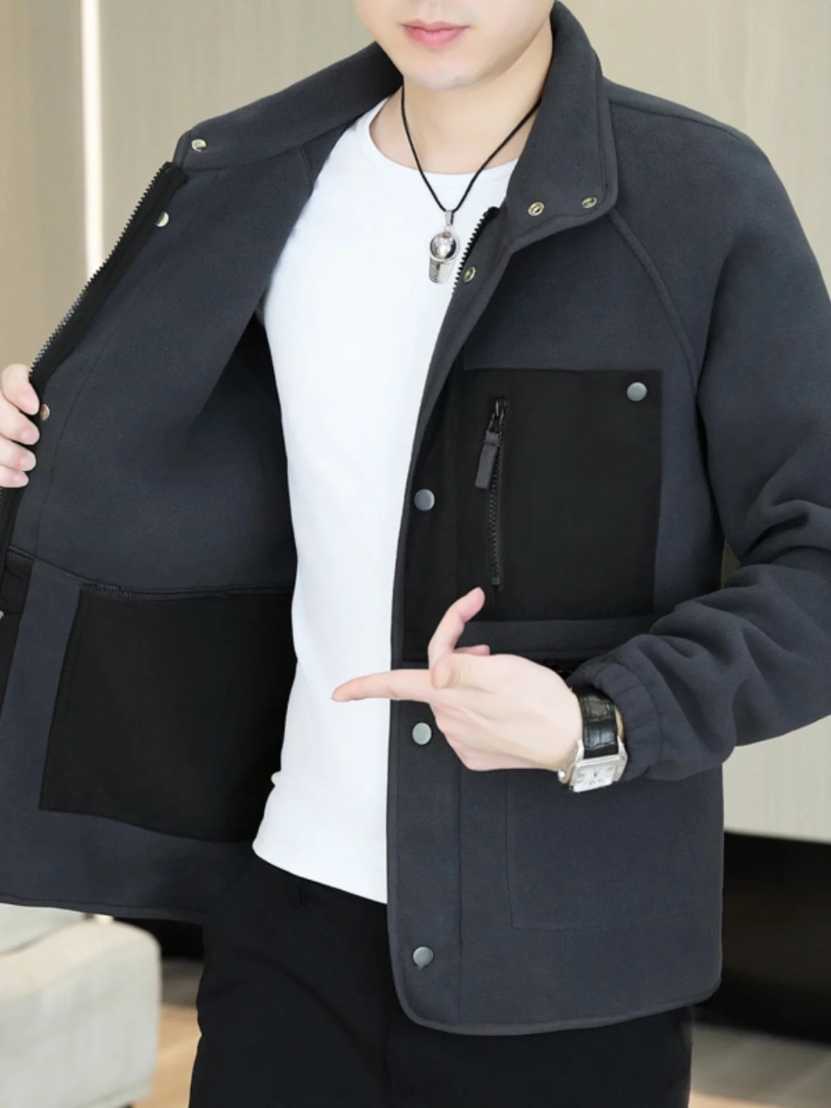 

Men's Fce Jaet Stand Collar Thiened Casual Autumn Winter Outerwear Stand Fit Faion Urban Sle Long Sve Zipper