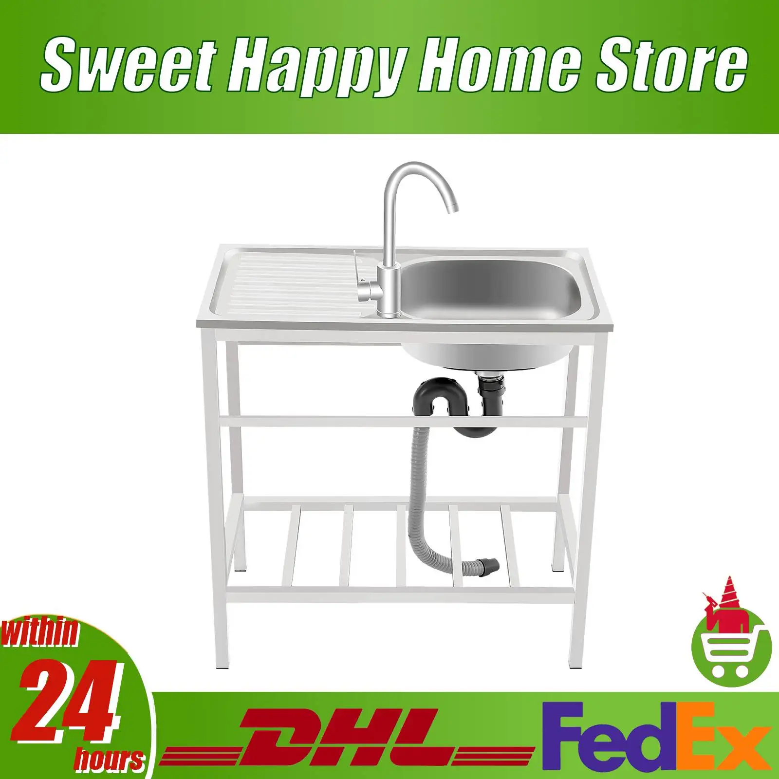

Free Standing Sink Kitchen Sink with Rotatable Faucet & Storage Shelf for Laundry Bar Garden Food Truck