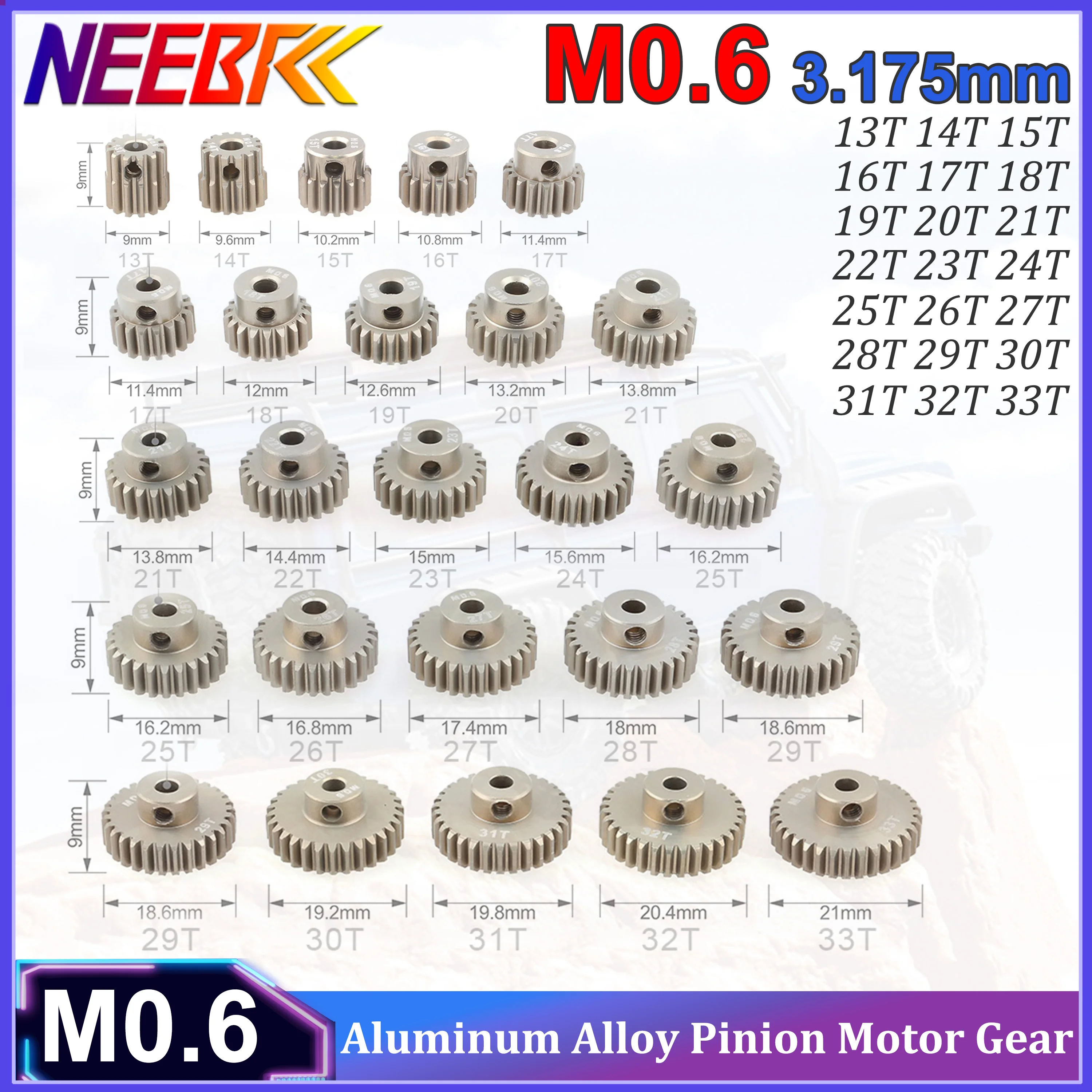 M0.6 3.175mm Schaft 13T 15T 17T 18T 20T 22T 24T 26T 28T 30T 33T Aluminiumlegierung Ritzel-Motorgetriebe für 1/10 RC Auto LKW Modellteil
