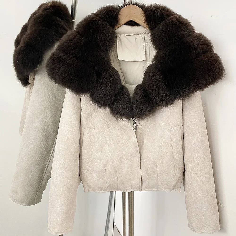 OFTBUY Damen-Daunenjacke mit großem Fuchspelzkragen, Winter-Warme Entendaunenjacke, kurze Reißverschlussjacke mit Pelz für Damen – Detail 13