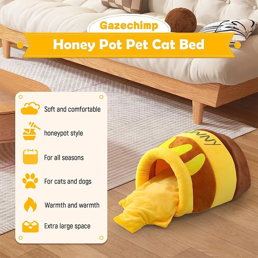 Warm Cat Beds Cartoon Honey Pot Pet Cave Beds Removable Basket Cushion Cat Pillow Mat Tent Puppy Nest Cave Pet Good Cat Supplies