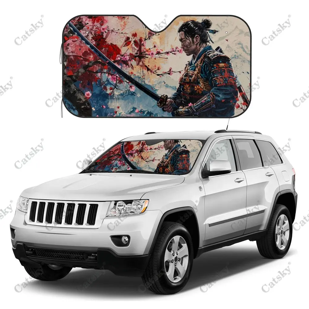 Samurai Holding Sword Sakura Car Windshield Sunshade, Auto Accessories Front Windshield Sun Visor Blocks Uv Rays Protect Decor