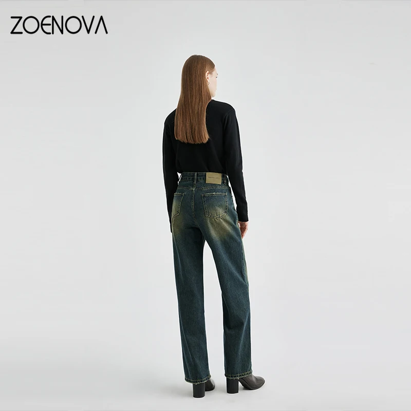 ZOENOVA Spring Nostalgic Retro Women's Wide Leg Pants Fashion New Casual Straight Denim Trousers Vintage 90S Baggy Jeans Female