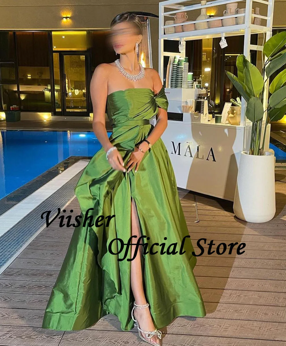 Viisher Green Taffeta One Shoulder Evening Dresses with Slit A Line Floor Length Arabic Formal Prom Dress Dubai Evening Gowns