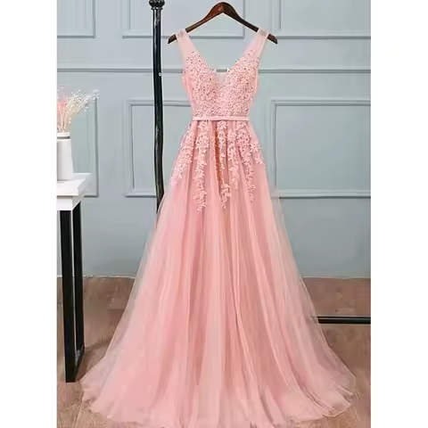 In Stock Pink Princess Prom Dresses Appliques Beaded V Neck Long Evening Dress Soft Tulle Bridesmaid Dress Vestidos De Fiesta
