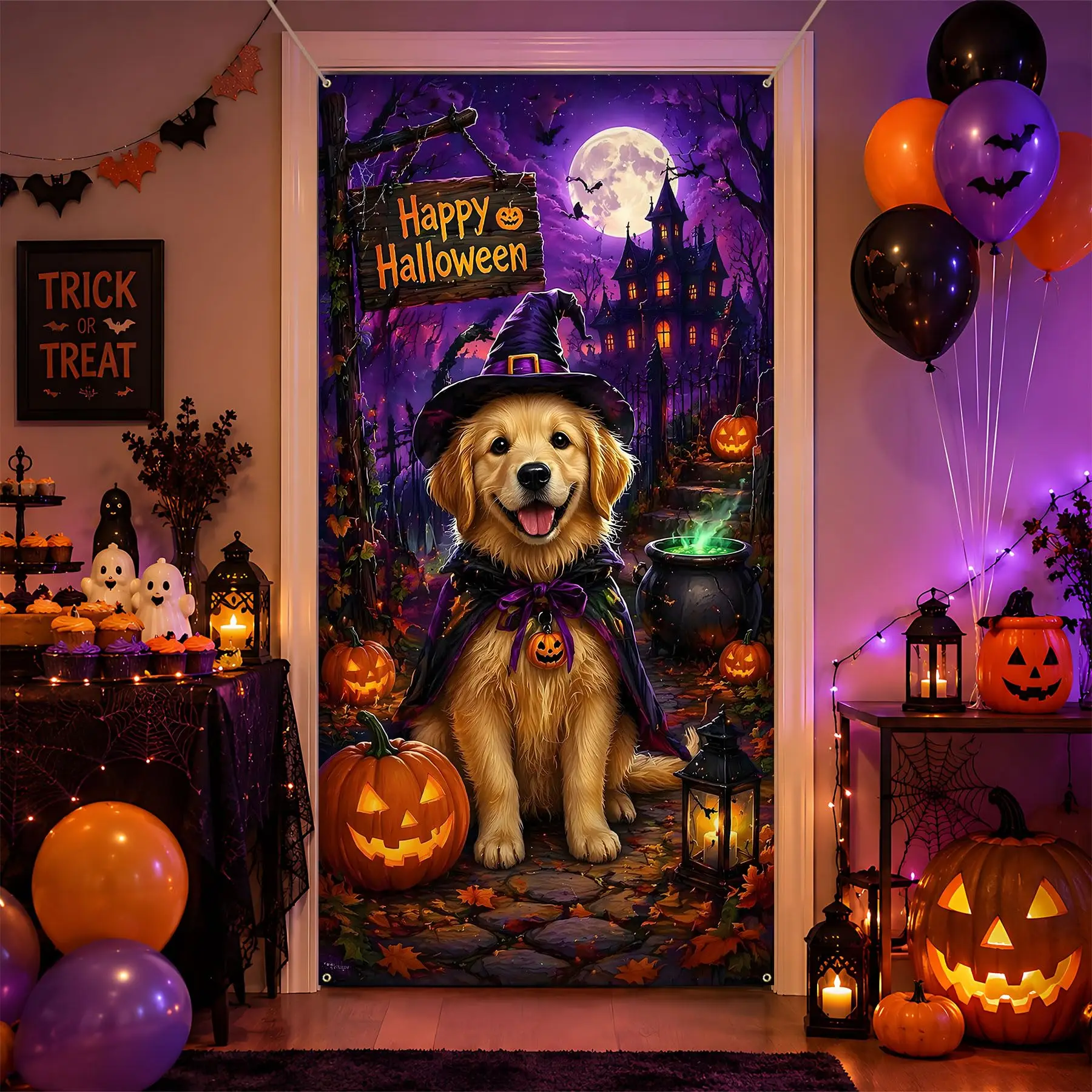 2026 Vintage Halloween Black Cat Dog Door Banner Decoration,Cute Pet Trick Or Treat Party Hanging Cover with Pumpkin Castle Tomb