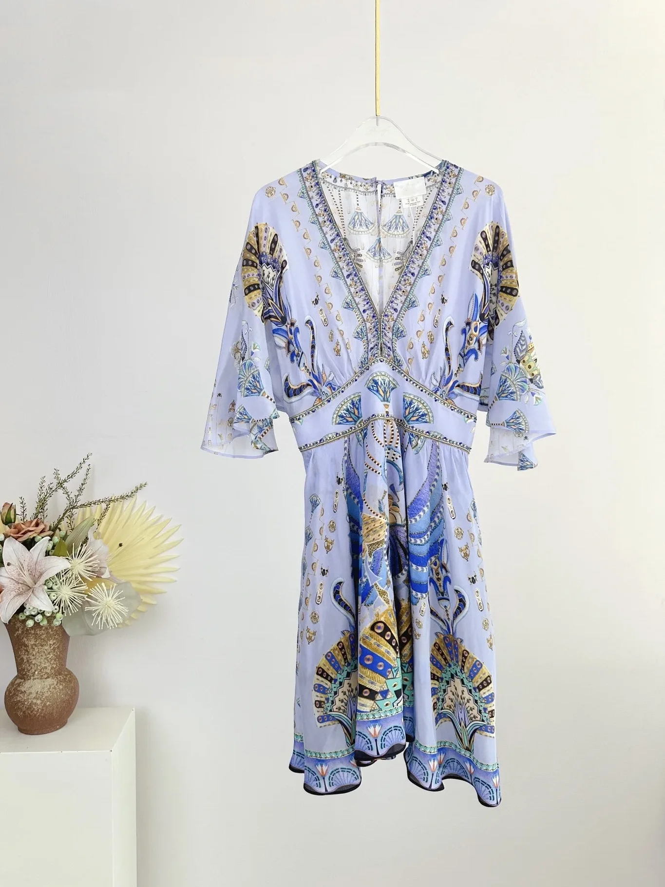 

Flower Print Women's Purple Dress 100% Silk Beaded V-Neck Half Sleeve Elastic Waist Holiday Ladies Mini Robe