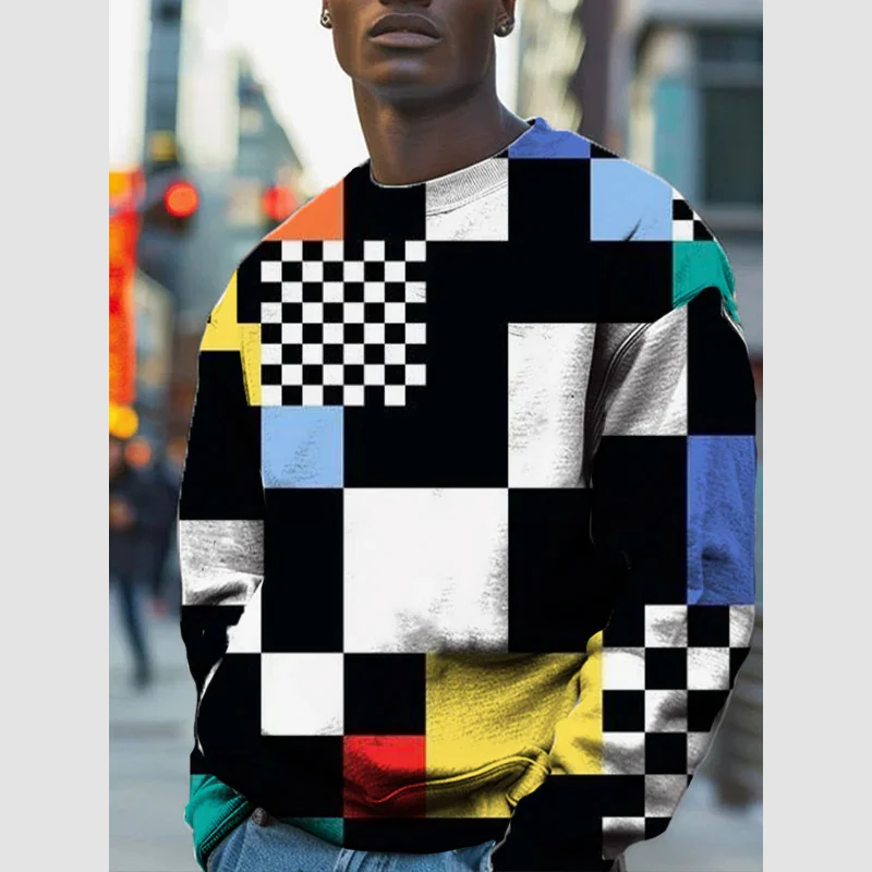 Black Retro Streetwear Sweatshirt For Men's Clothing Art Graphic Pullover Top Harajuku Trend Classic Plaid Striped Men Hoodie