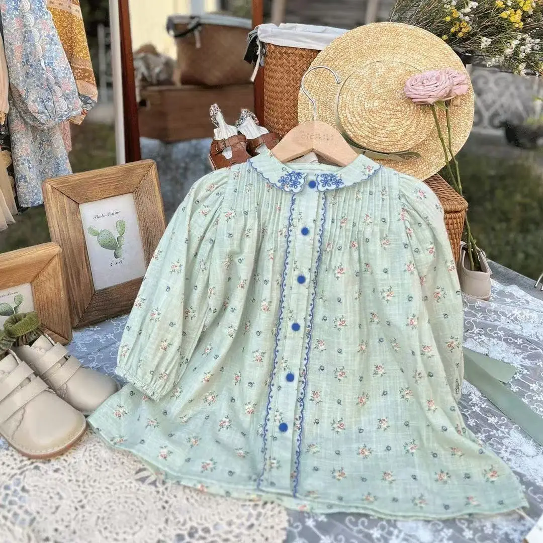 

Spring 2025 New Toddler Girls Dress Cotton Floral Sweet Princess Kids Girl Dress Single Breasted Long Sleeve Children Girl Dress