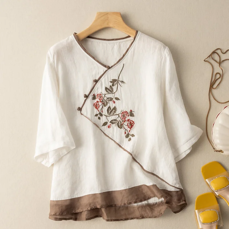 

New Chinese Traditional Clothes for Women Shirt Style Women's Tang Suit Vintage Top Female Linen Clothing for Embroidery Blouse