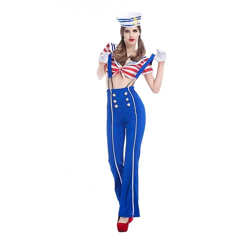 

Halloween Stage Show Blue Women Nautical Navy Fancy Costume Sexy Nightclub Bar Royal Sailor Cosplay Dress tt9]