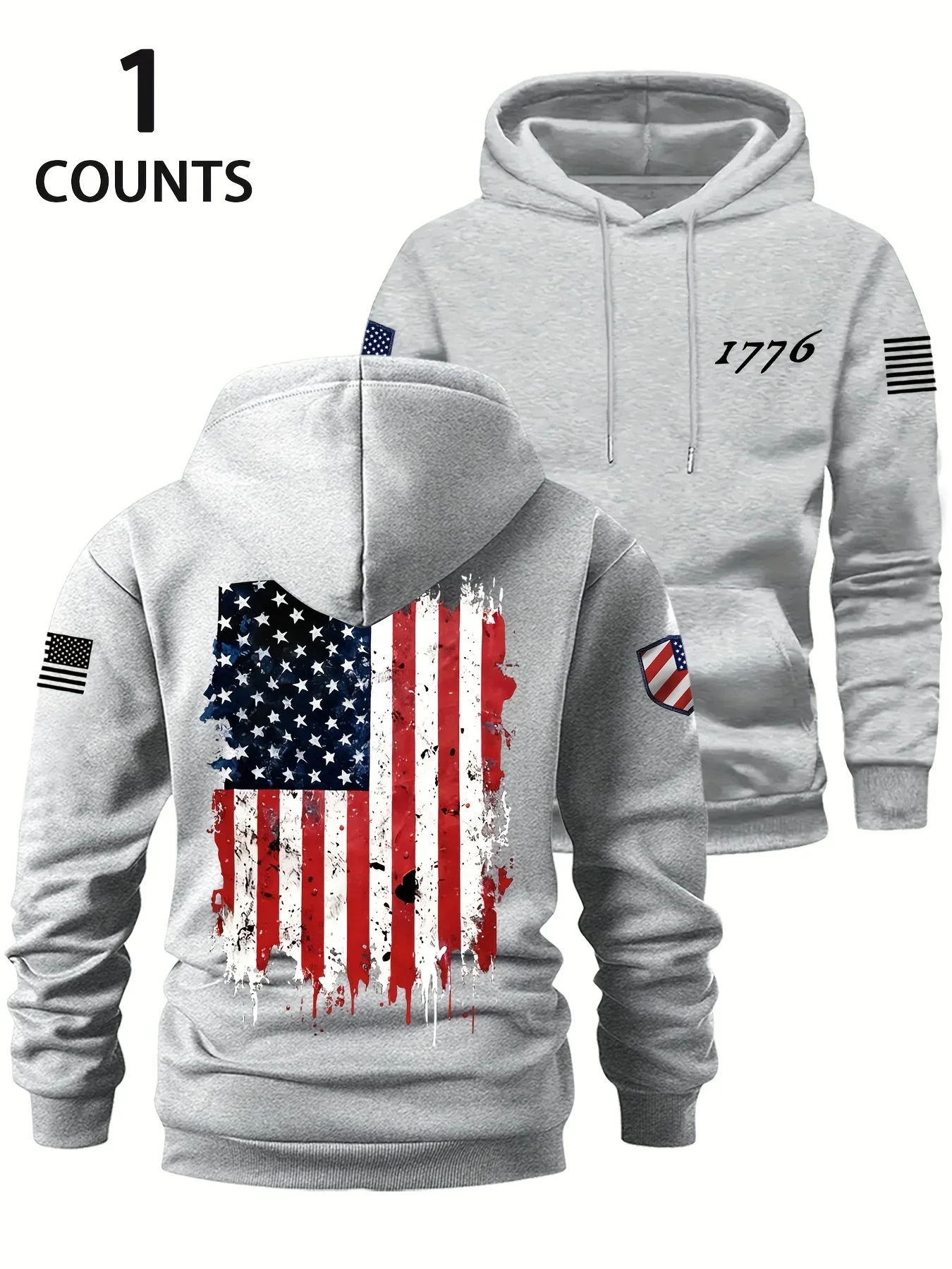 Men USA 1776 Hoodie Distressed American Flag Vintage Graphic Print Loose Fit Retro Streetwear Pullover Sweatshirt Autumn Winter
