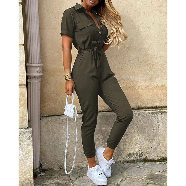 Letters Printed Black Casual Short Sleeve Cargo Long Pants Jumpsuits With Belt Women Summer Half Button Female Overalls Jumpsuit