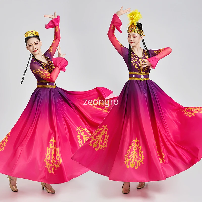 Neues Xinjiang-Tanzkleid für Damen, weiblich, erwachsener, urigurischer Tanz, Eröffnungstanz, großer Rock, ethnische Windleistung