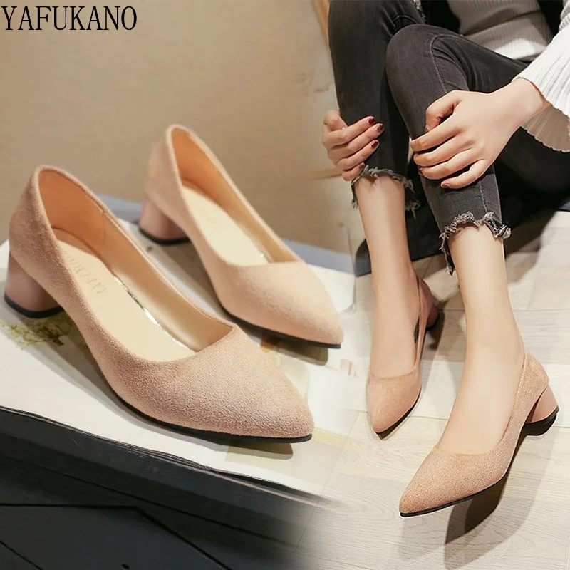 New 3CM Women Low High Heels Ladies Pointed Toe Heeled Shoes Flock Fashion Pumps for Woman Office Shoe Pink Yellow Slip on Pump