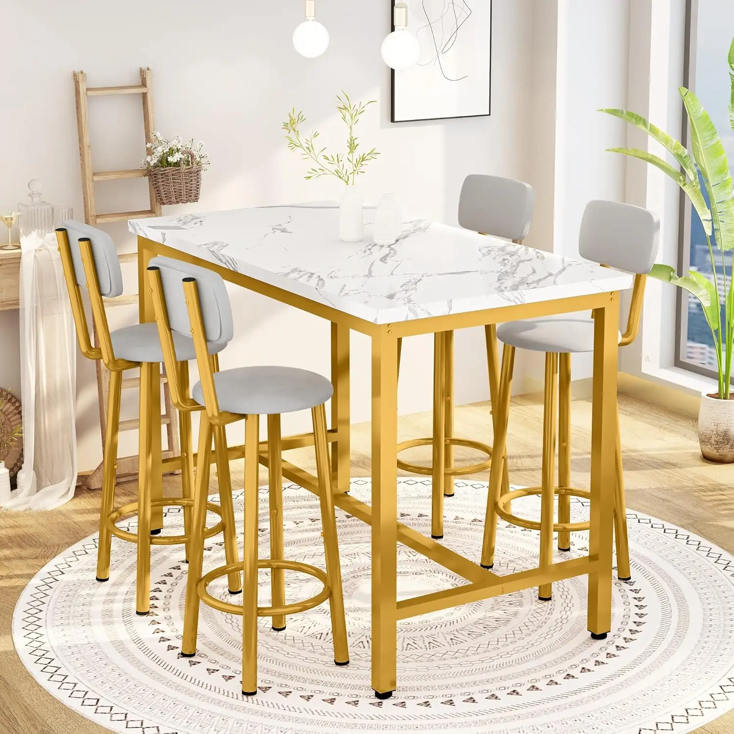 Bar Table Set for 4 with Faux Marble Counter Height & 4 PU Upholstered Stools, Gold and White, Space-Saving Kitchen Pub Table
