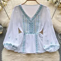 Autumn Women Vintage Ethnic Style Puff Sleeve Embroidery Shirt Ladies V-neck Design Niche Chic Light Luxury Elegant Top