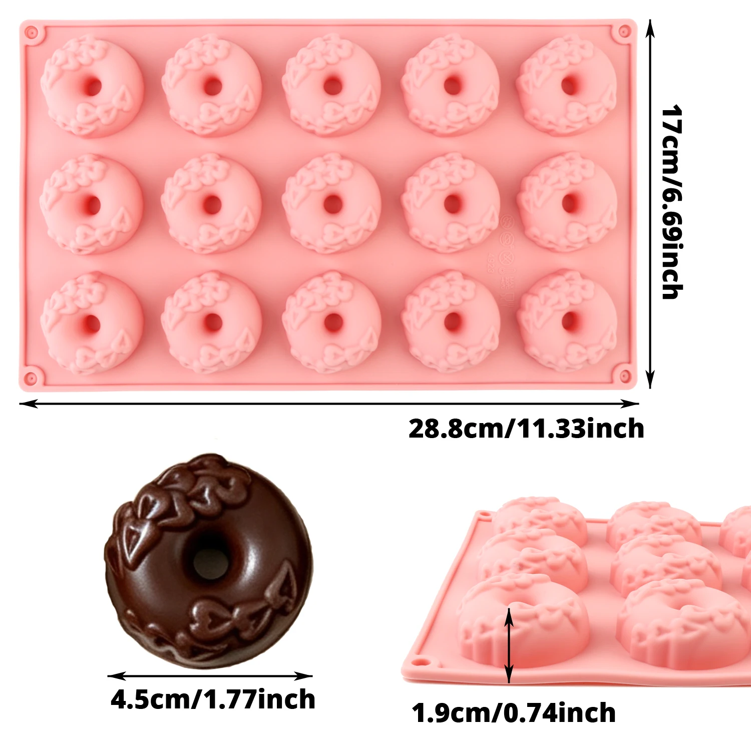 A 12-cavity donut silicone baking mold, non-stick and easy to release, made of food-grade silicone, can be used to make donuts, chocolates, cake decorations, and other baked goods, suitable for home baking, baking gifts, and DIY for beginners