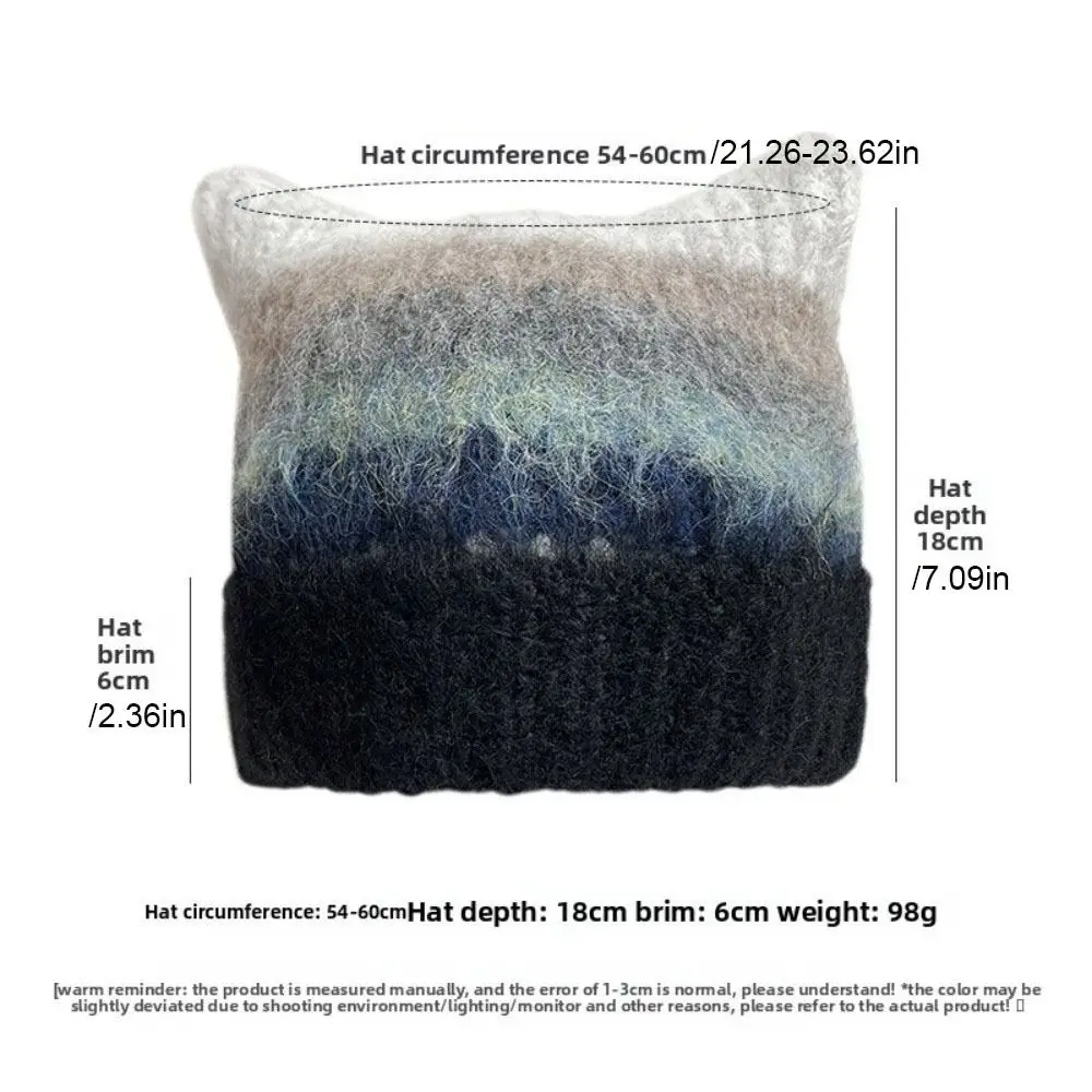 Cappello pullover con orecchie di gatto colorate casual Cappello a secchiello a righe stile giapponese sfumato Caldo cappello a cuffia da donna Y2k da donna