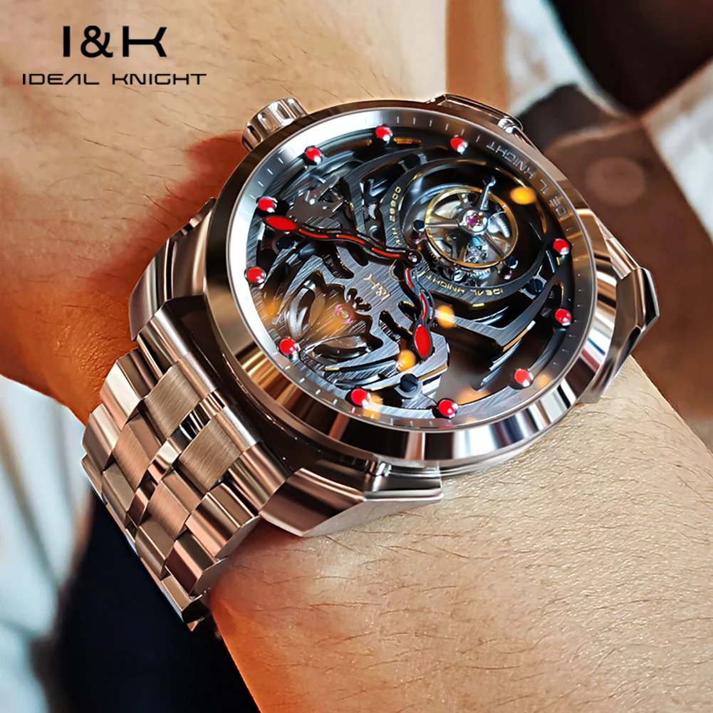 IDEAL KNIGHT 6802 Tourbillon Deep Waterproof Man Watch Hollow Skeleton Mechanical Watch For Men Sapphire Mirror Luxury Clock