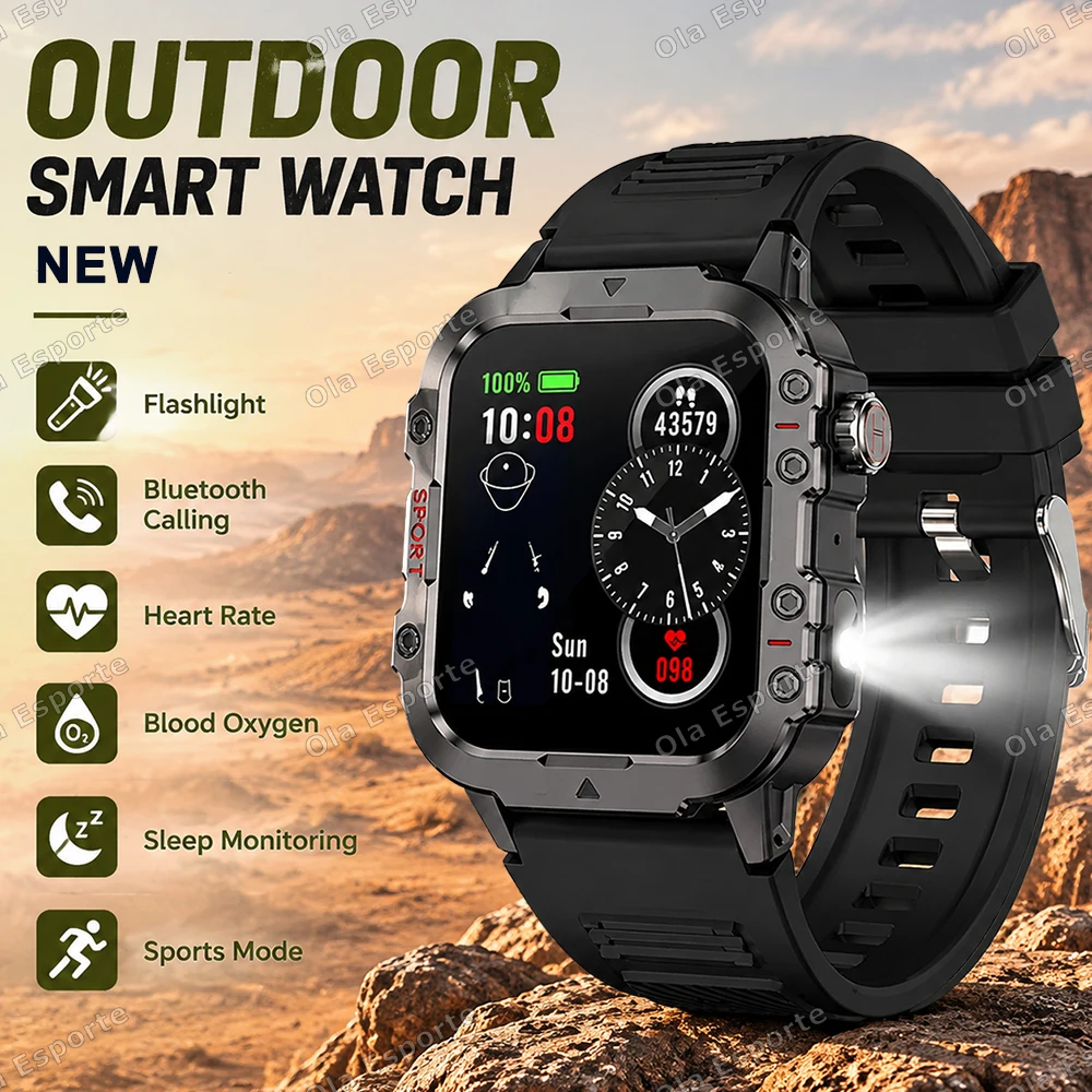 Rugged Military Smart Watch Men's Outdoor Sports Watch LED Flashlight HD Touch Screen Voice Bluetooth Call Smartwatch Gifts H10