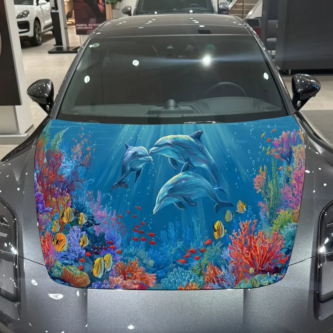 Underwater Dolphin Coral Fantasy PVC Car Hood Wraps, Self-Adhesive Waterproof Car Bonnet Decal Sticker, Car Decoration Protectio