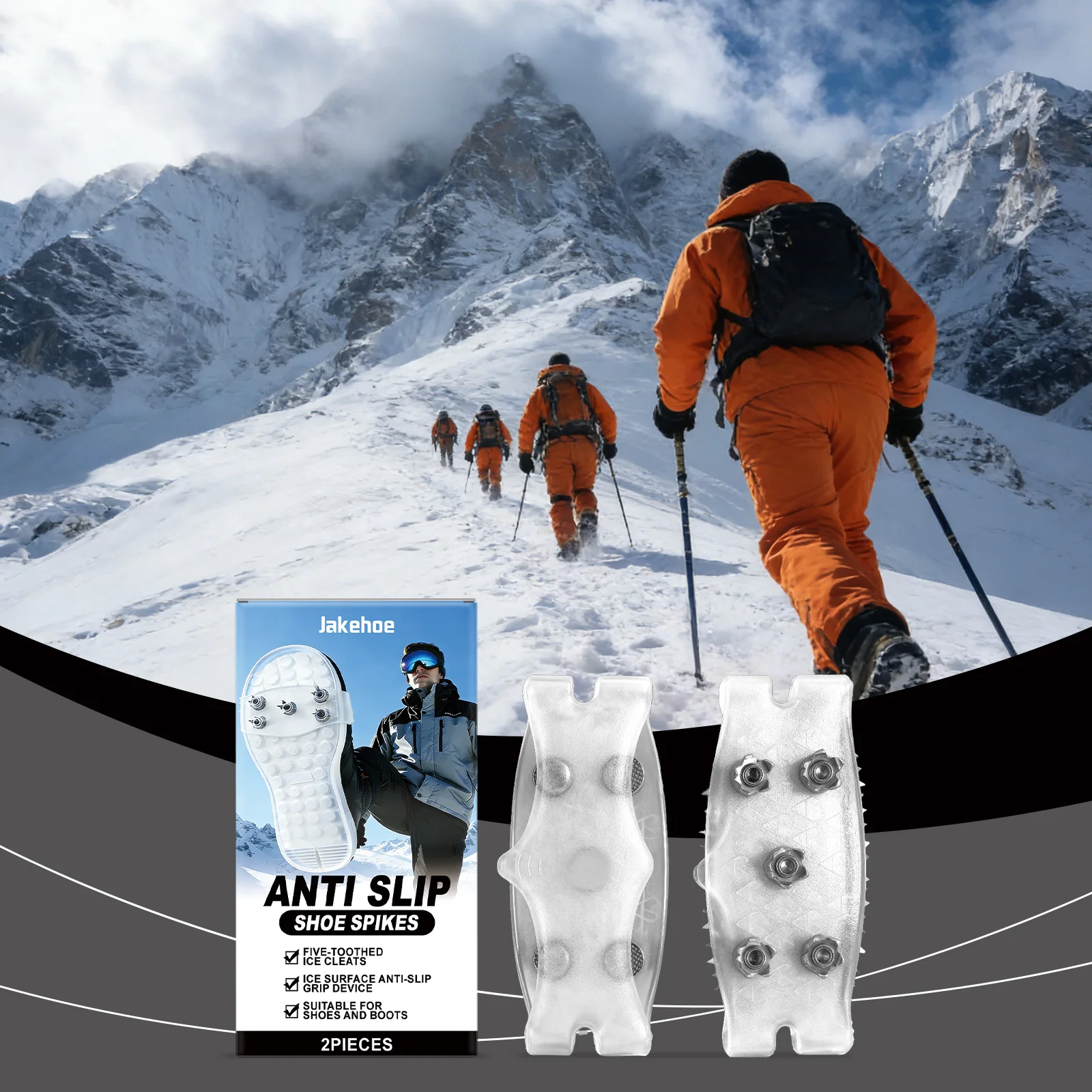 Universal 5-Tooth Ice Cleats - Durable Lightweight Portable Snow Anti-Slip Spikes for Hiking, Firm Grip Winter Shoe Crampons