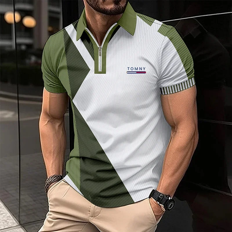 Simple Print Zip Polo Shirt For Men Summer Business Lapel Short Sleeve Tops Casual Comfortable Golf Wear Fashion Loose Clothing