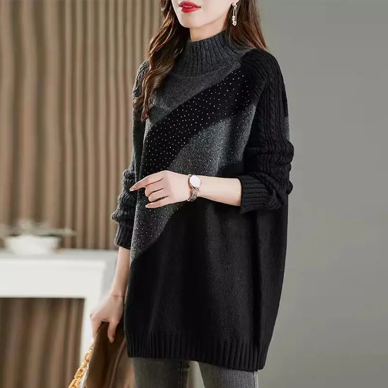 Fashion Diamonds Knitted Sweaters Autumn Winter Korean Loose Women\'s Clothing Long Sleeve Casual Basic Half High Collar Jumpers