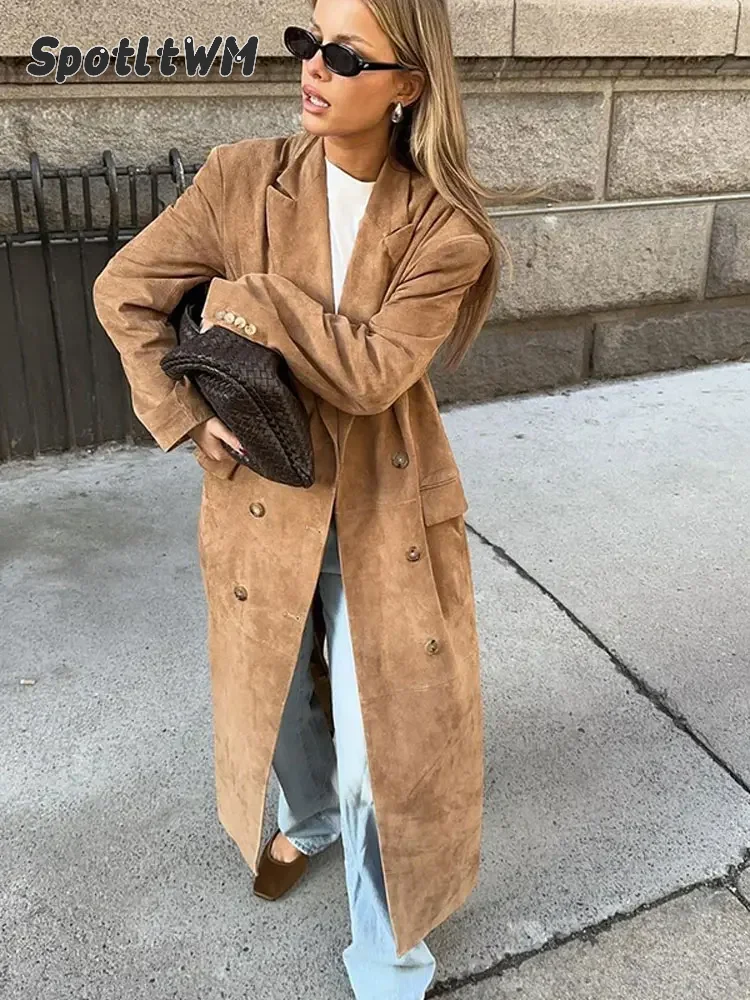 Women Casual Solid Long Windbreaker Jacket Fashion Lapel Double Breasted Pocket Overcoat 2024 Autumn Winter Commute Outerwear