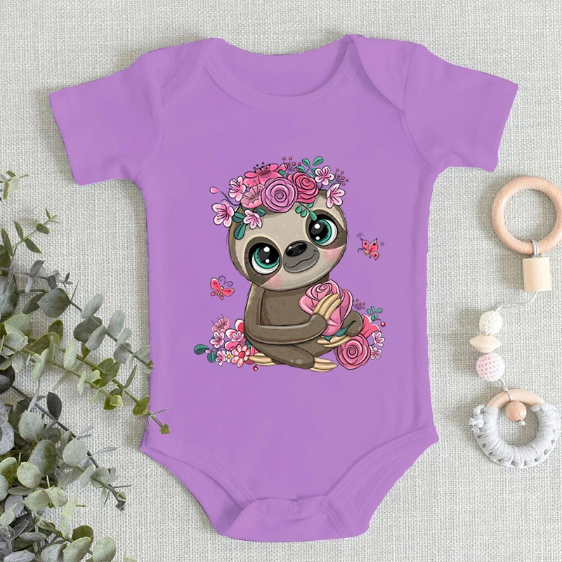 Baby Boys And Girls Funny Sloth Flower Print Bodysuit Infant Summer Short Sleeve Round Neck Jumpsuits Pure Color Sloth Bodysuits