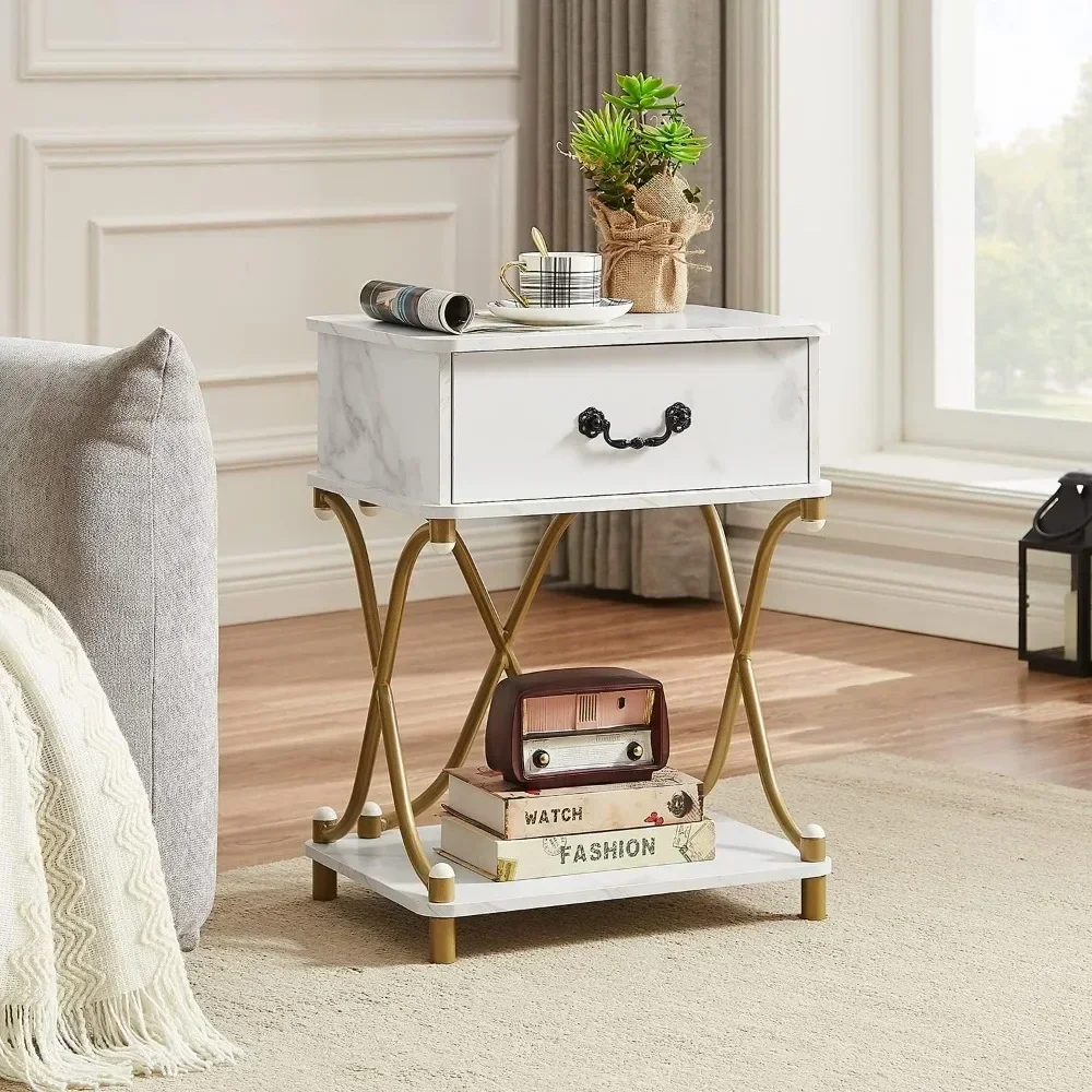 White and Gold Nightstands Set of 2 with Drawer for Bedroom, Endtable Bedside Table for Living Room, Modern Style