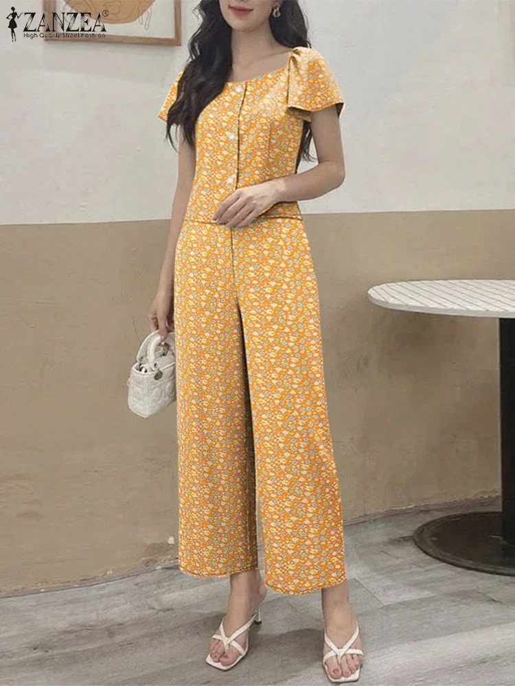 ชุดเซ็ตเสื้อผ้าลายดอกไม้ ZANZEA 2025 สำหรับผู้หญิง เสื้อแขนสั้น กางเกงขายาว ชุดไปเที่ยวทะเล ชุดฤดูร้อน ชุดเข้าชุดสวยหรู 2 ชิ้น