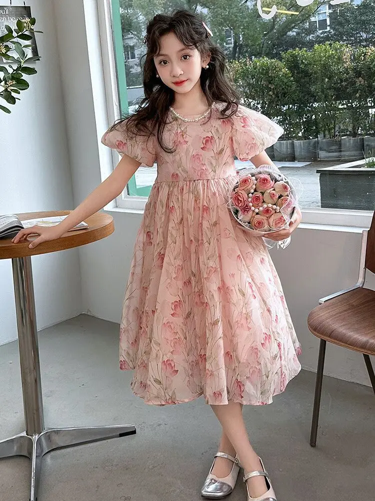 Summer New Dresses Girls Princess Dresses Floral Dresses Sweet Wind Japanese Lazy Style Casual Dresses Bubble Sleeve Dresses