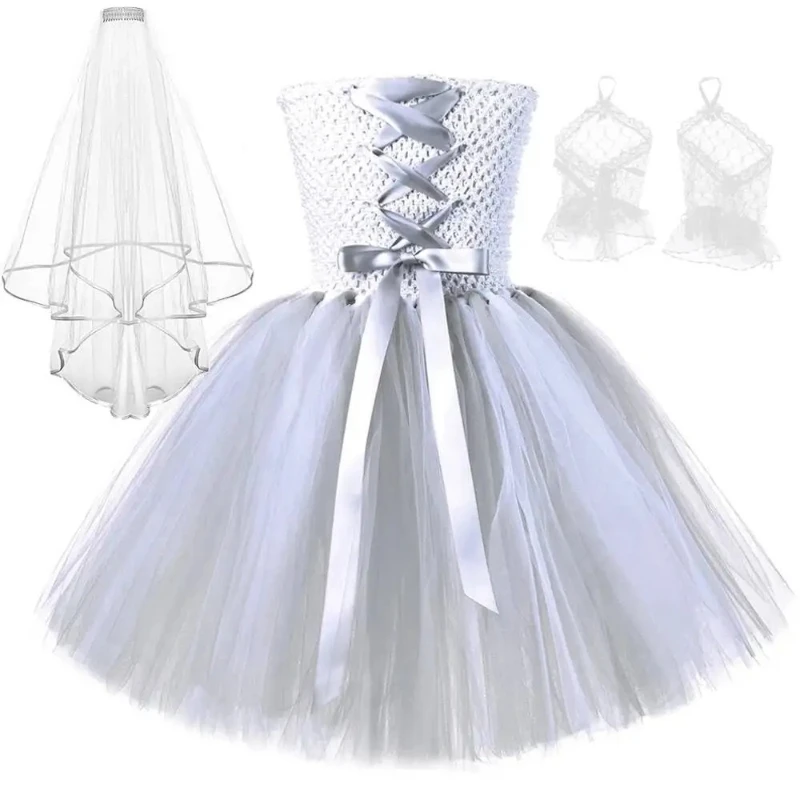 Corpse Bride Halloween Costumes for Girls Carnival Party Scary Tutus Kids Disguise Outfit for Zombie Ghost Bride Fancy Dress