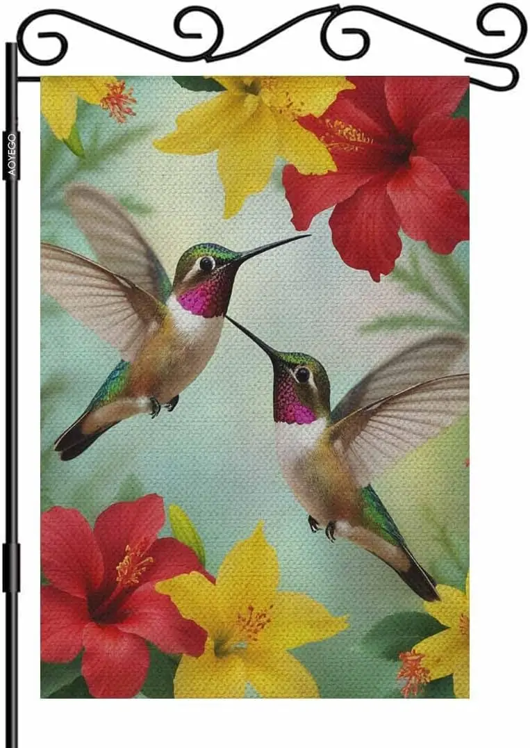 AOYEGO Two Hummingbirds Small Garden Flag Vertical Double Sided 12.5 x 18 Inch Red Flowering Hibiscus and Yellow Lilies Litt zzo