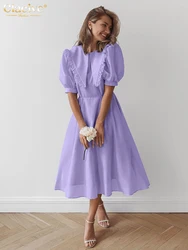 Clacive Summer Loose Purple Women's Dress 2025 Fashion Lapel Short Sleeve Midi Dresses Elegant Classic High Waist Female Dress