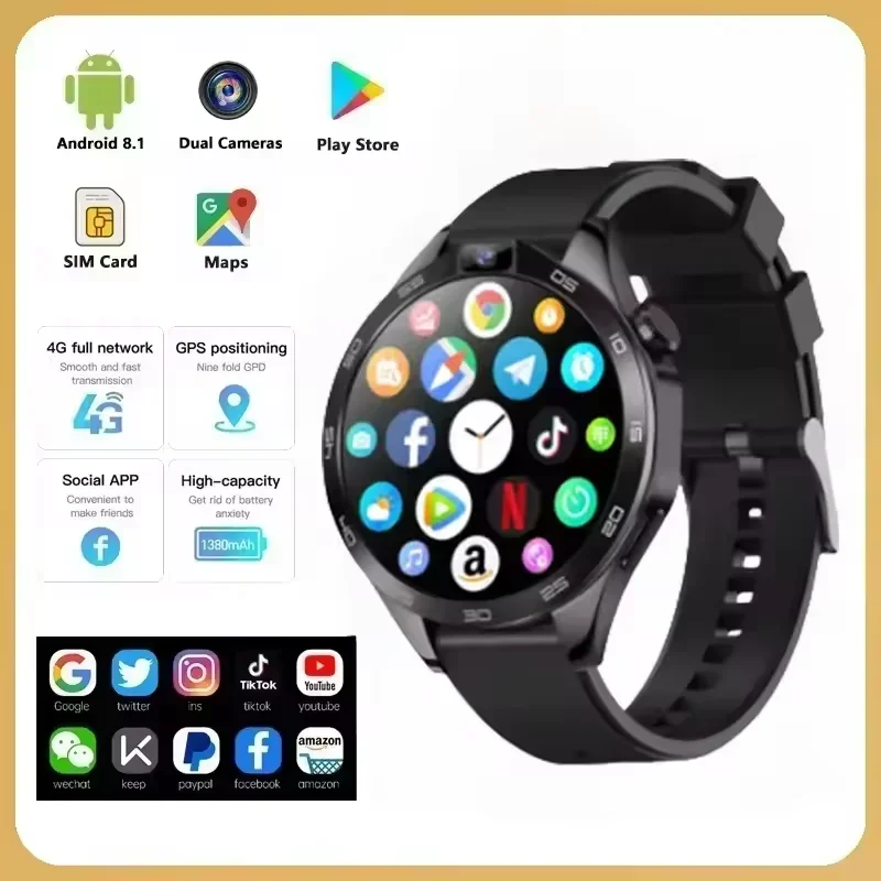 X11 4G Android Smartwatch 1.85-inch 1380mah Battery 200W Dual HD Cameras GPS WIFI Heart Rate Download APP Smartwatch