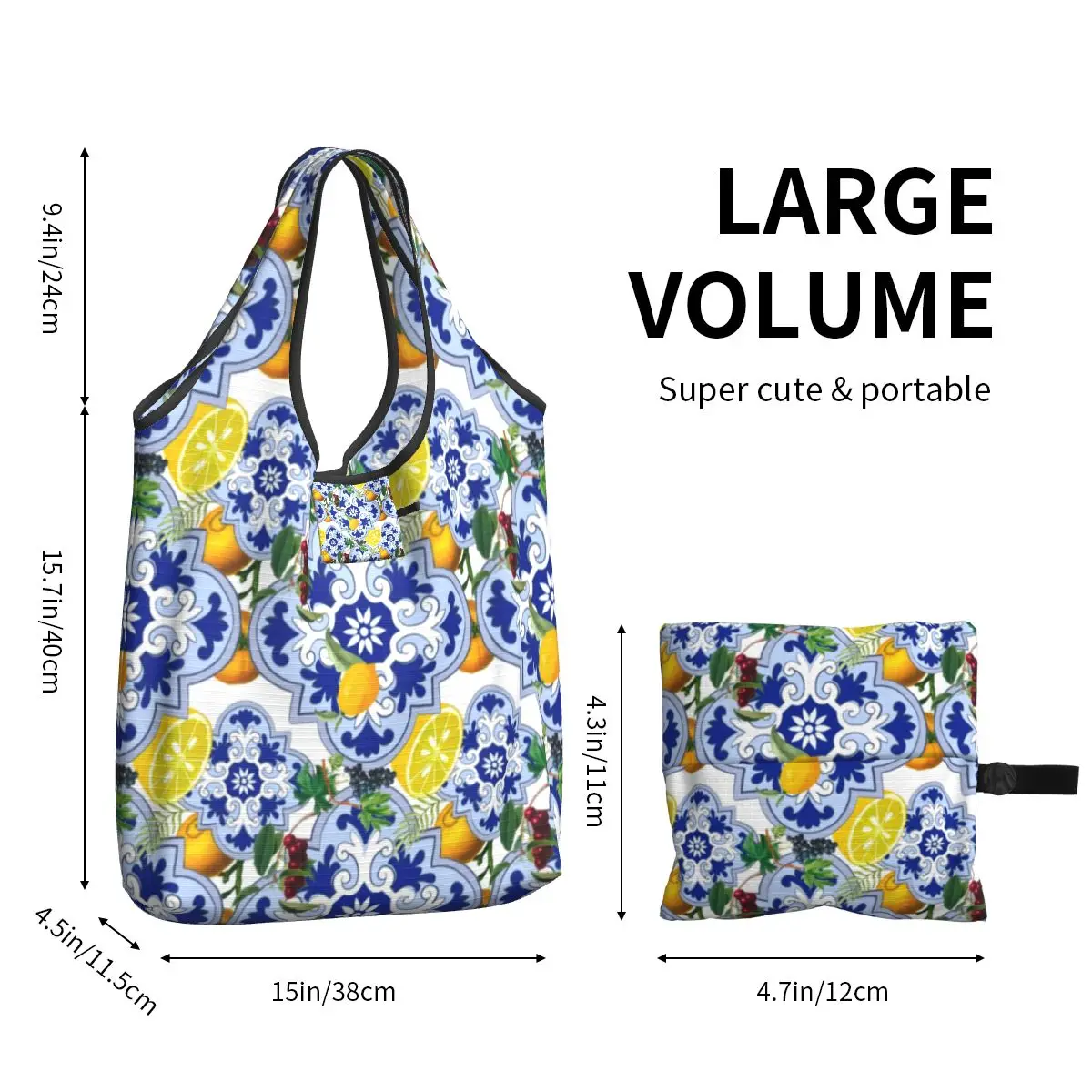 Funny Print Sicilian Summer Fruit Lemon Citrus Tiles Tote Shopping Bag Portable Shopper Shoulder Handbag