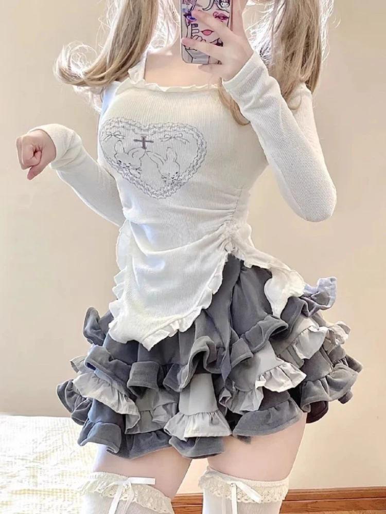 2000s Japan Hotsweet Y2k Skirts Women Kawaii Mini Lolita Style Fashion Ball Gown Spring Fall Lovely Girl Sweet High Waist Faldas