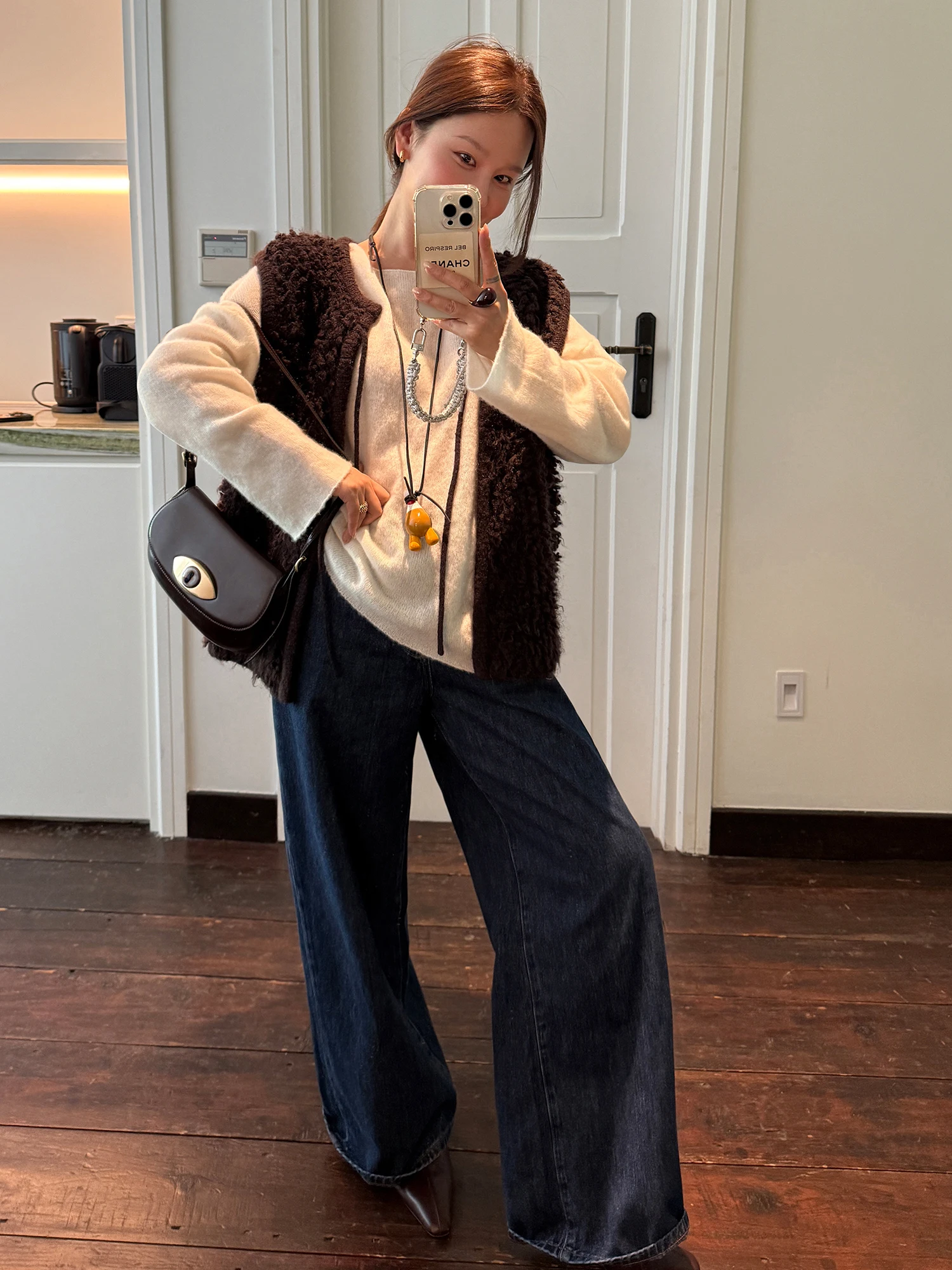 

WXLSTUDIO Thiened Texture Heavyweight Fce Women's Loose Sweater Vest Autumn New Sle oulder Coat round Ne Pure Colo...