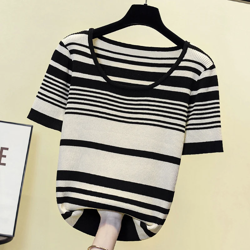 

4XL Large size women Stripe kintting thin sweater 2023 Summer short sleeve o neck Patchwork Oversized pullover kint jumper