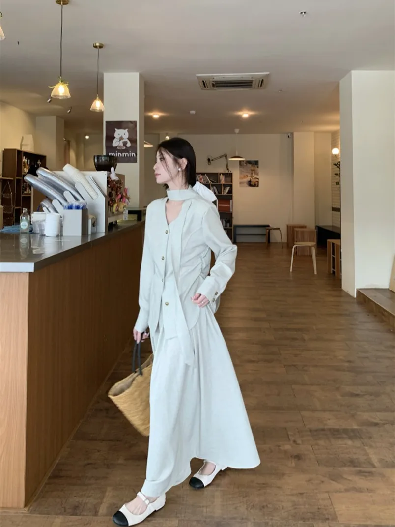 Saia de escritório feminina terno dinheiro velho y2k estética com decote em v chique assimétrico cinza camisa de manga longa cintura alta magro saia evasê